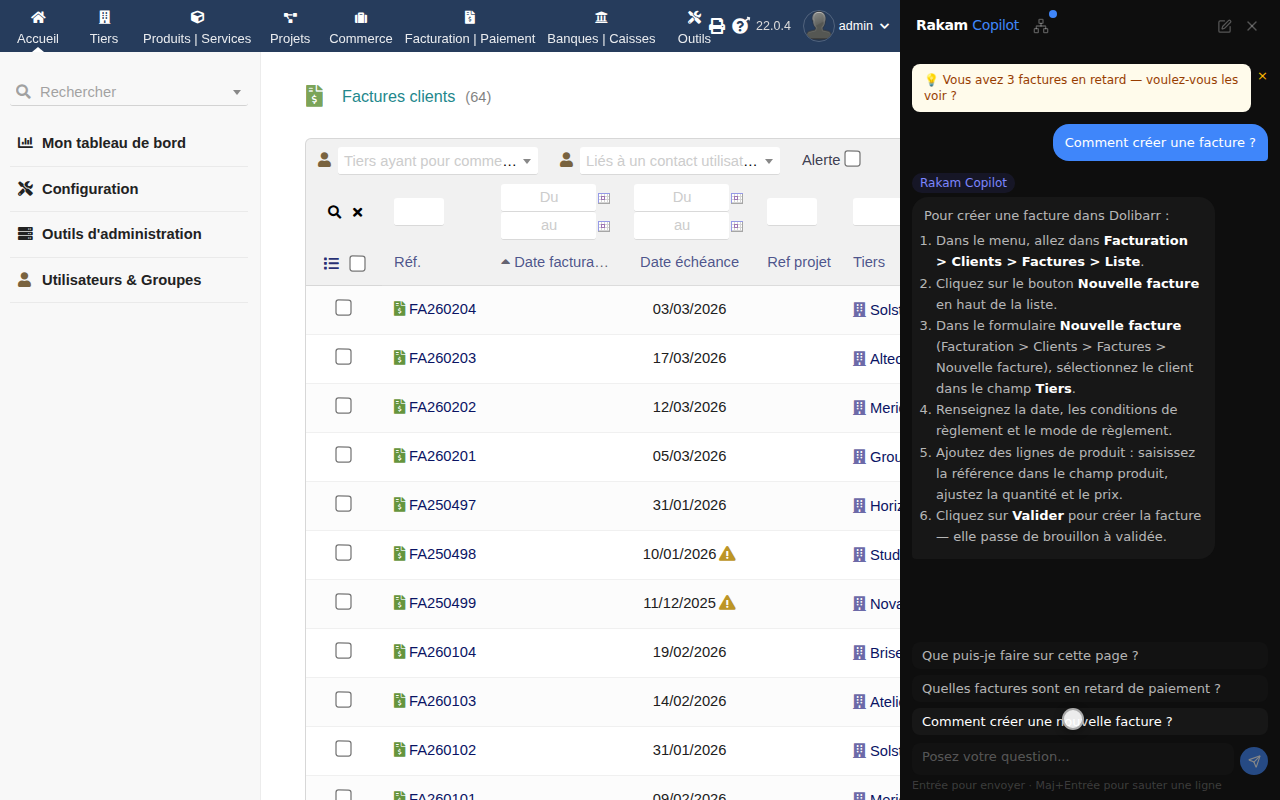 Rakam Copilot integrated into Dolibarr ERP